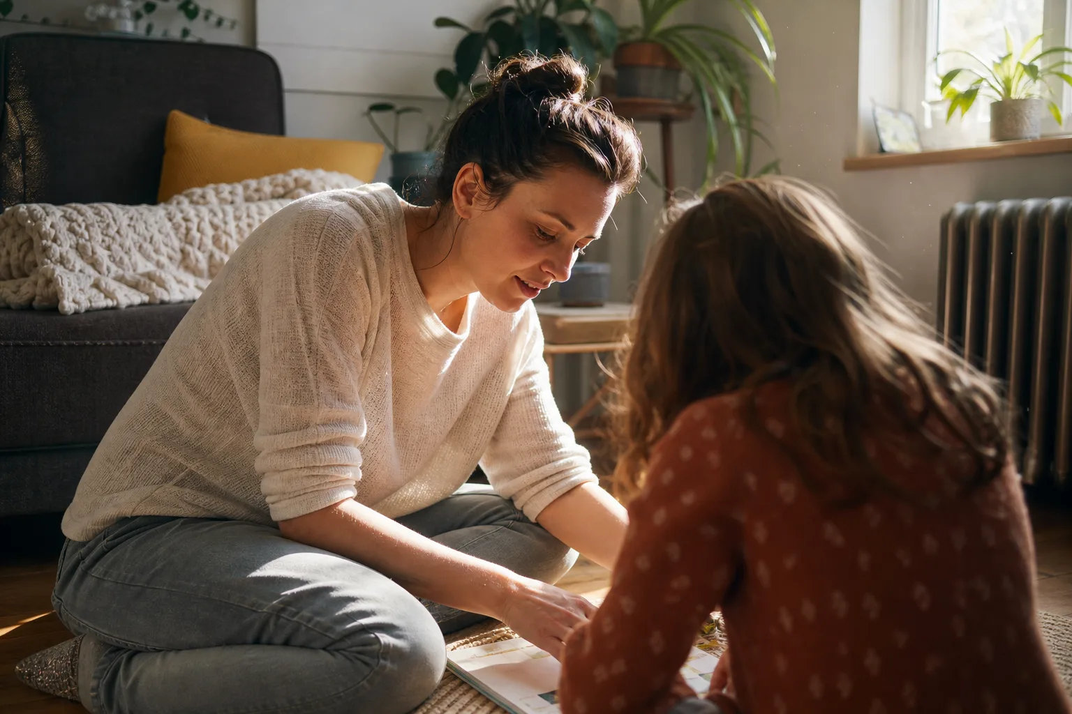 A caregiver sharing a quiet moment with a young person in a warm home setting